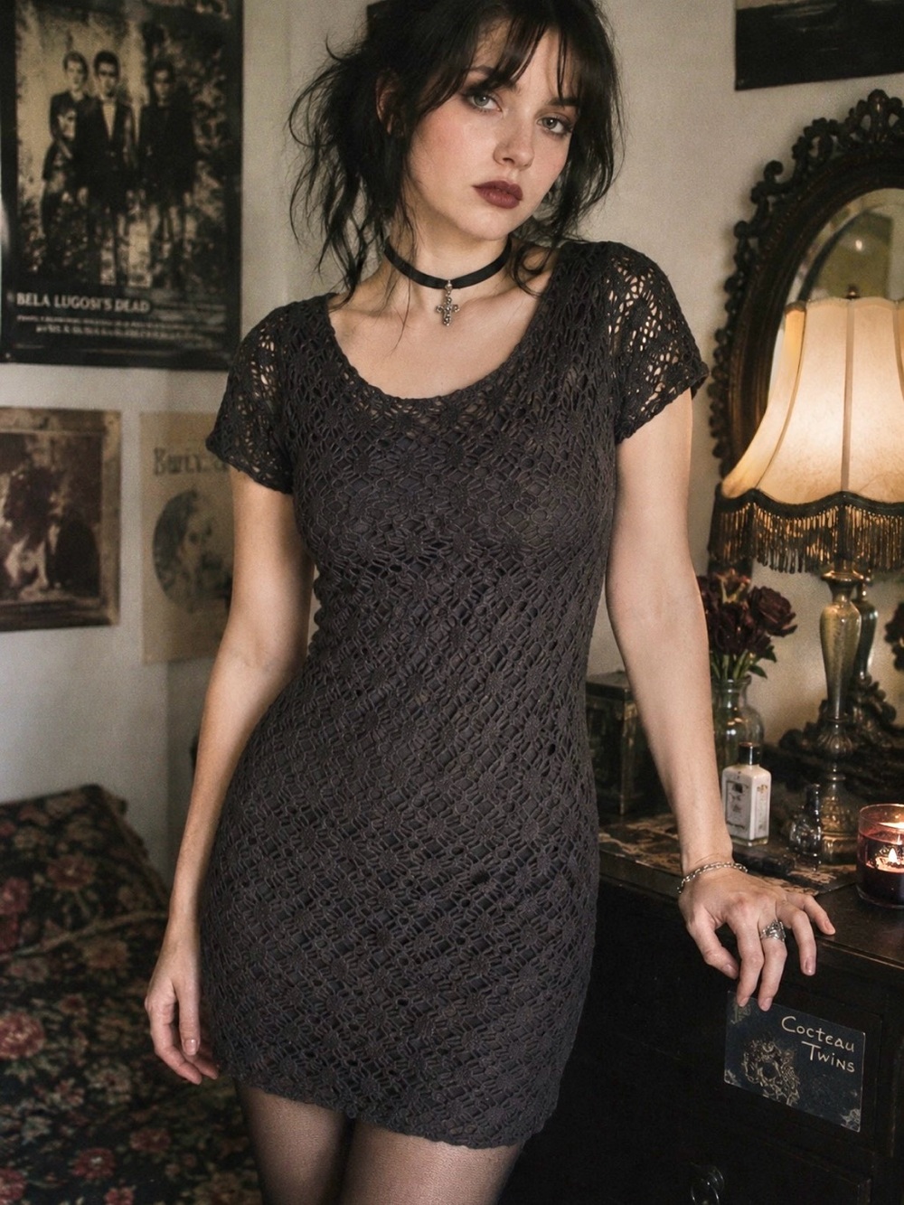 Vintage 90s Womens S (Fits XS) Black Crochet Bodycon Fitted Mini Dress Clubwear